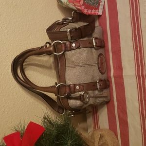 Fossil Maddox Grey Shimmer & Brown Leather Satchel